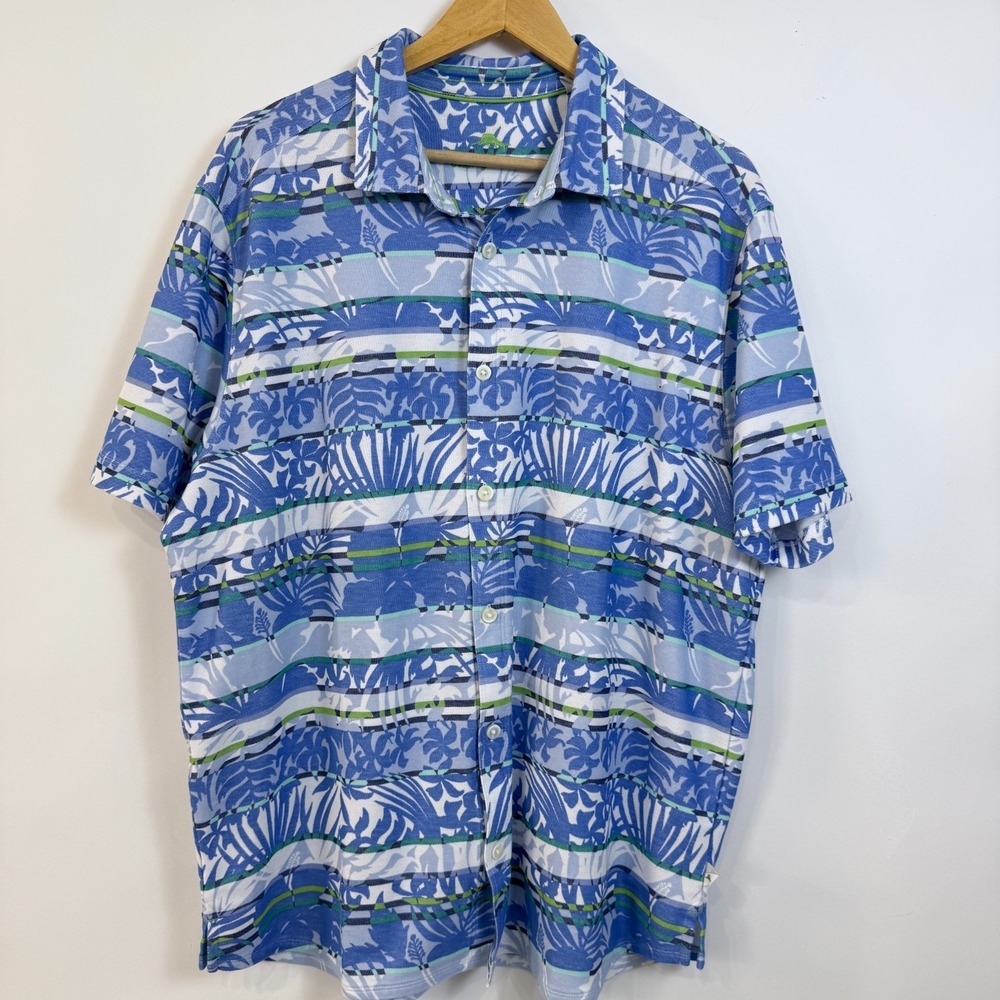 Tommy Bahama Maldonado Stripe Camp Shirt Mens XL Mountain Bluebell‎ Button Front